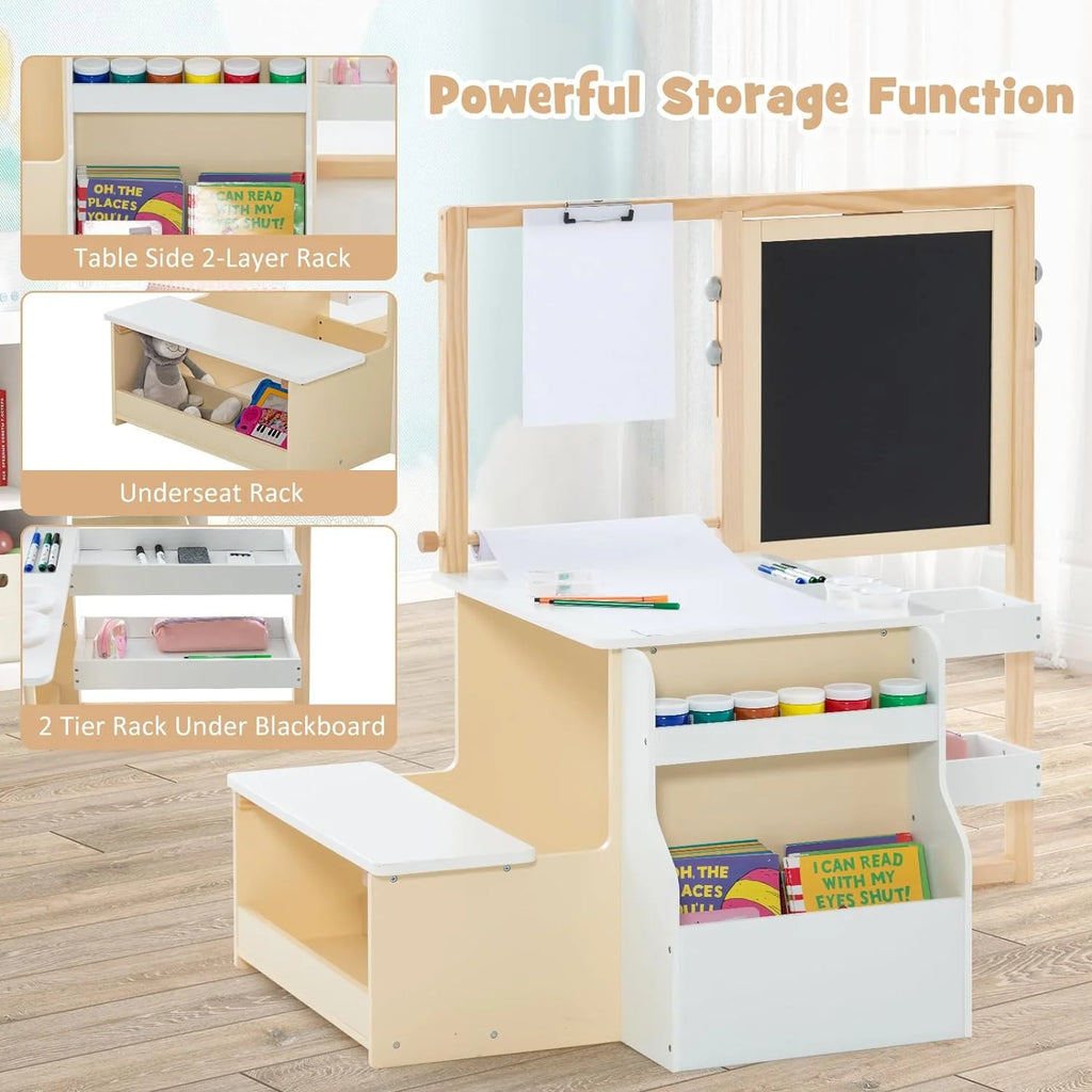 Kids Art Table and Chair Set, 3 in 1 Wood Activity Desk with Easel S164165