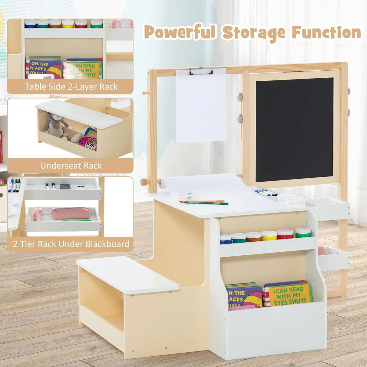 Kids Art Table and Chair Set, 3 in 1 Wood Activity Desk with Easel S164165