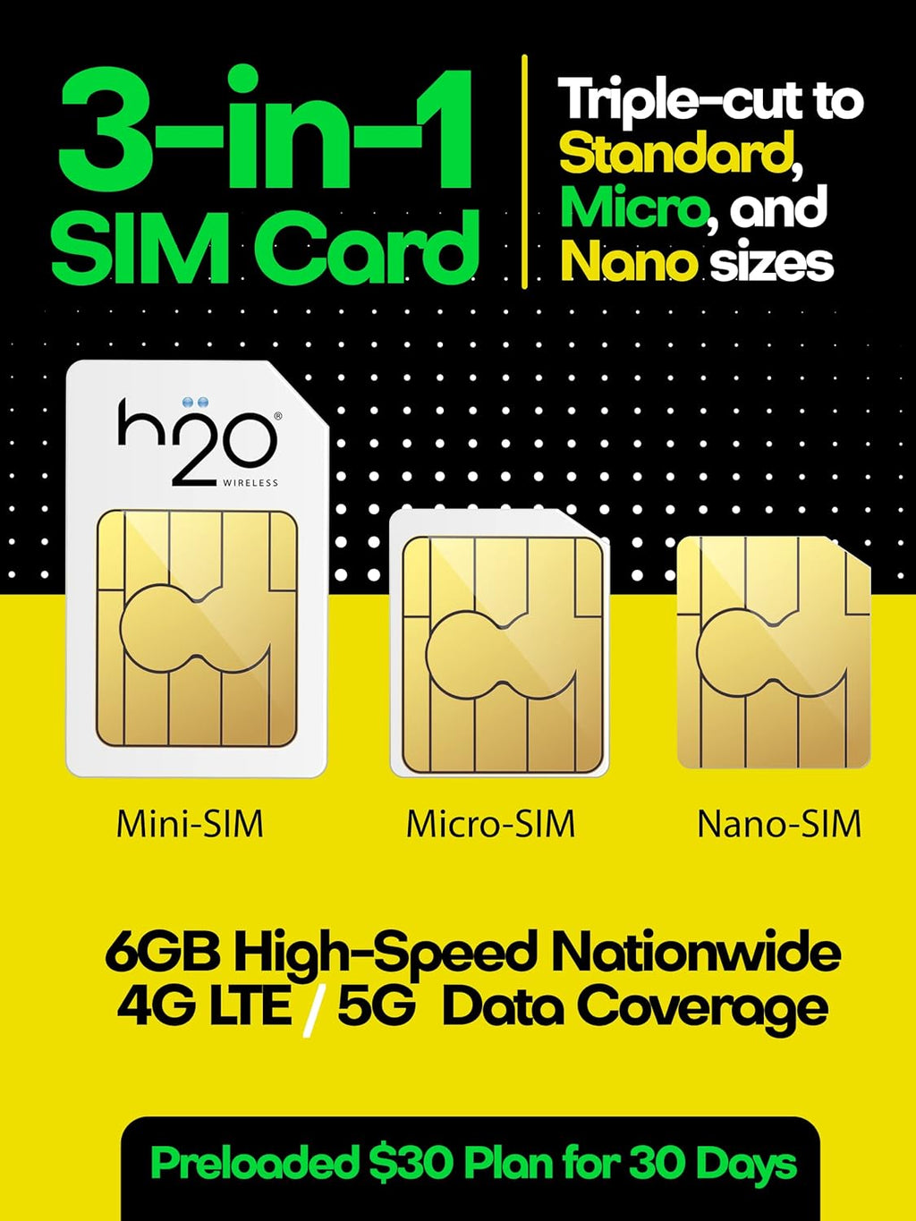 H2O Wireless SIM Card $30 Plan Preloaded Triple-Cut SIM with Unlimited Data and 6GB High-Speed 4G LTE/5G Data Coverage (120-Day Plan) I936