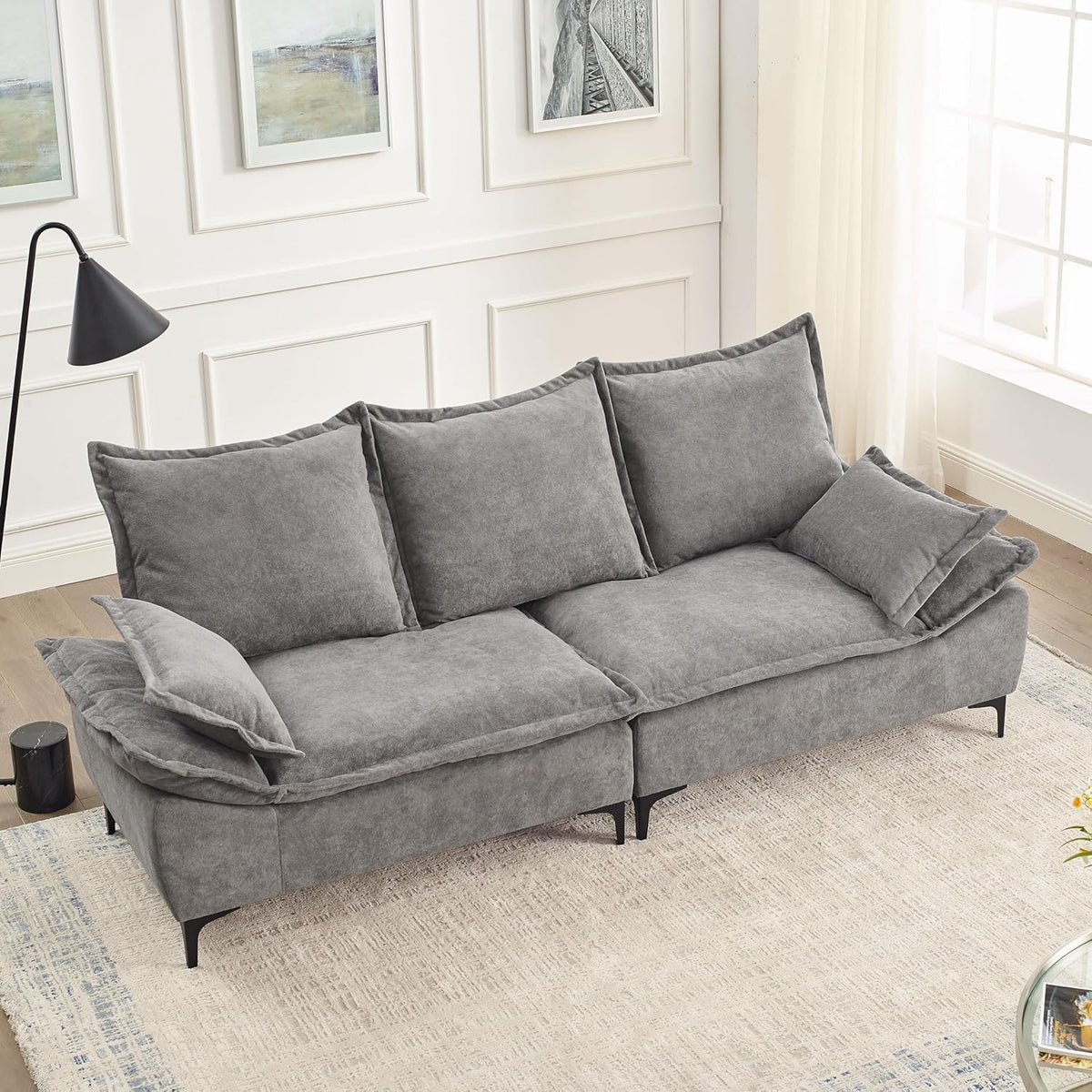 Grey Dutch Velvet 3-Seater Sofa with 2 Pillows E87105