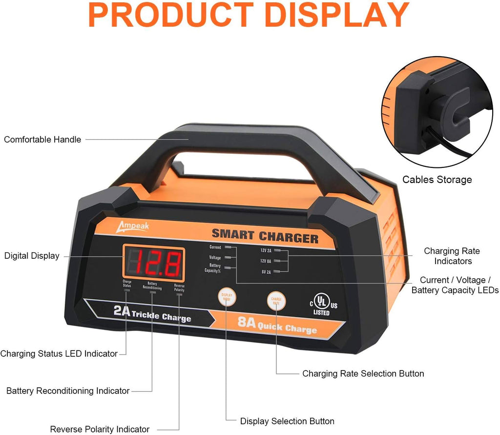 6V 12V Smart Car Battery Charger and Maintainer 2A 8A with Cable Clamps L7799
