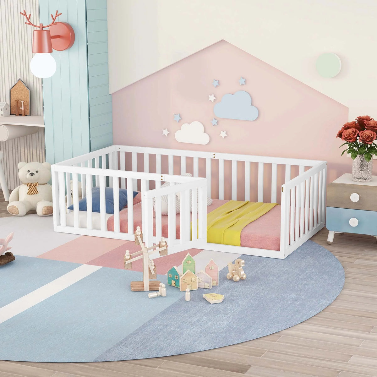 Wood Floor Bed Frame with Fence and Door Queen Size G9094