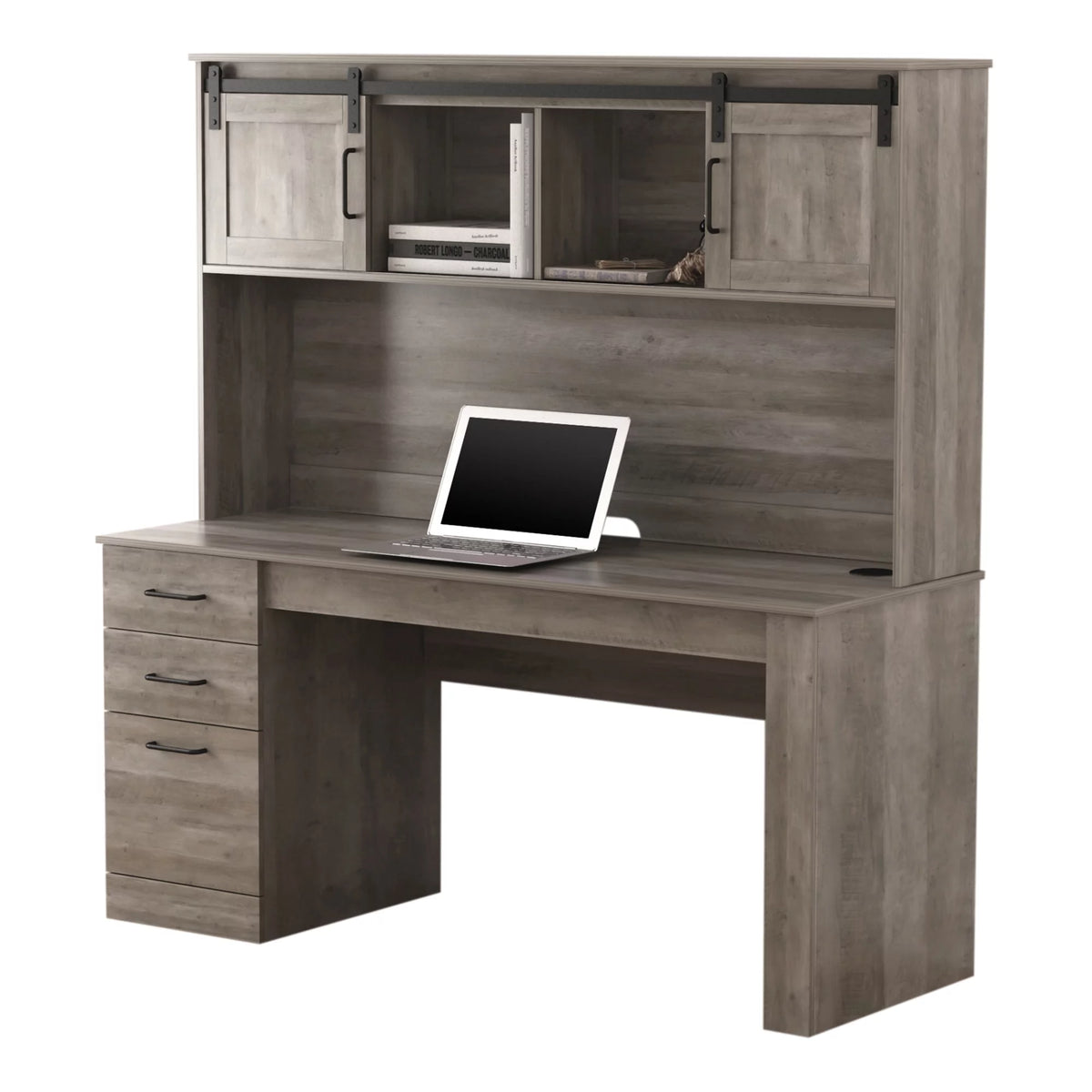 65"W Computer Desk With Hutch And Wireless Charging, Smoky Brown B802