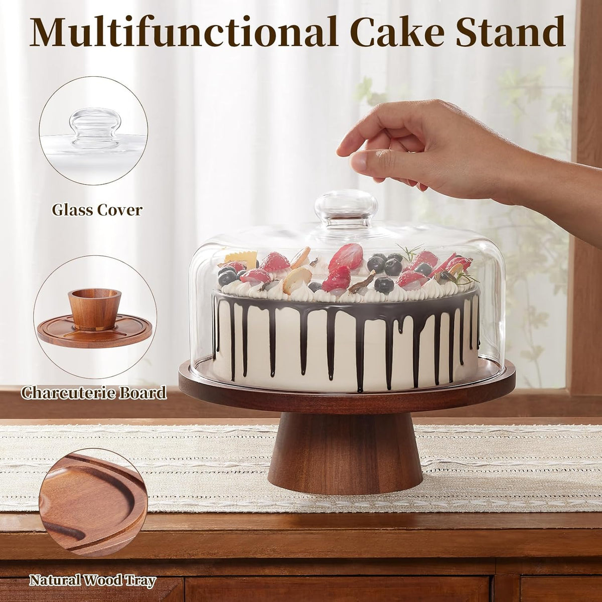 Wood Glass Cake Stand with Dome 11IN B1220