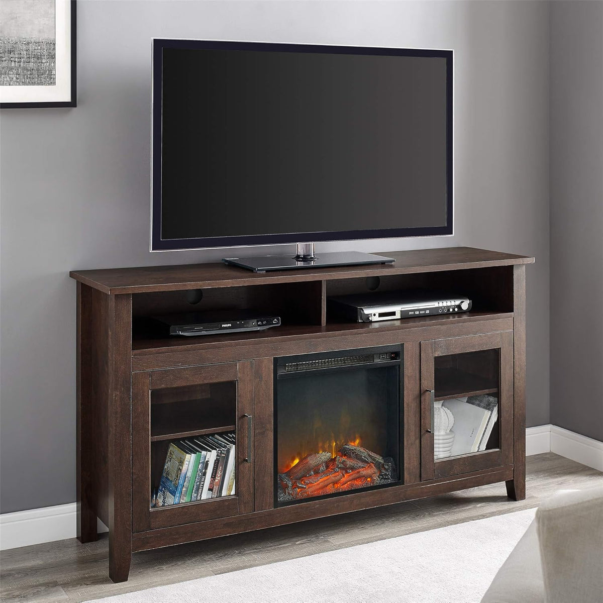 Black 58 Inch Wood and Glass Fireplace TV Stand T853043