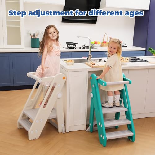 Foldable Adjustable Toddler Kitchen Stool with Handles Non-Slip Blue Grey M8891
