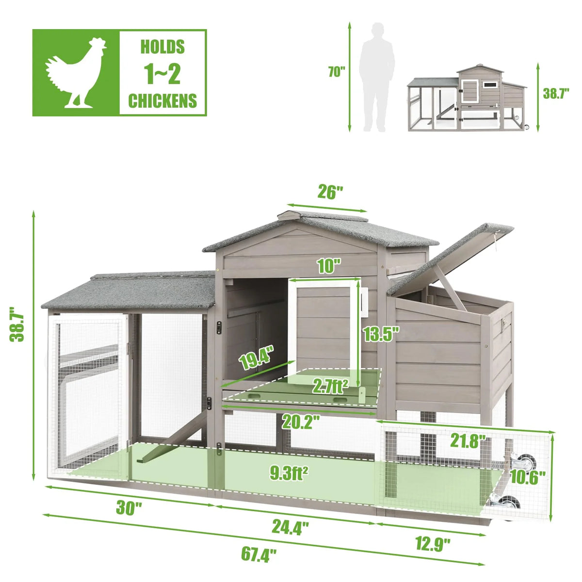 Large Chicken Coop with Wheels, Wooden Hen House, 2 Story Poultry Cage with Nesting Box and Pull Out Trays X9851