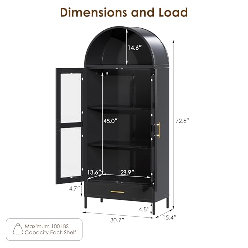 Black Metal Arched Storage Display Cabinet with Drawer and Glass Doors X53169