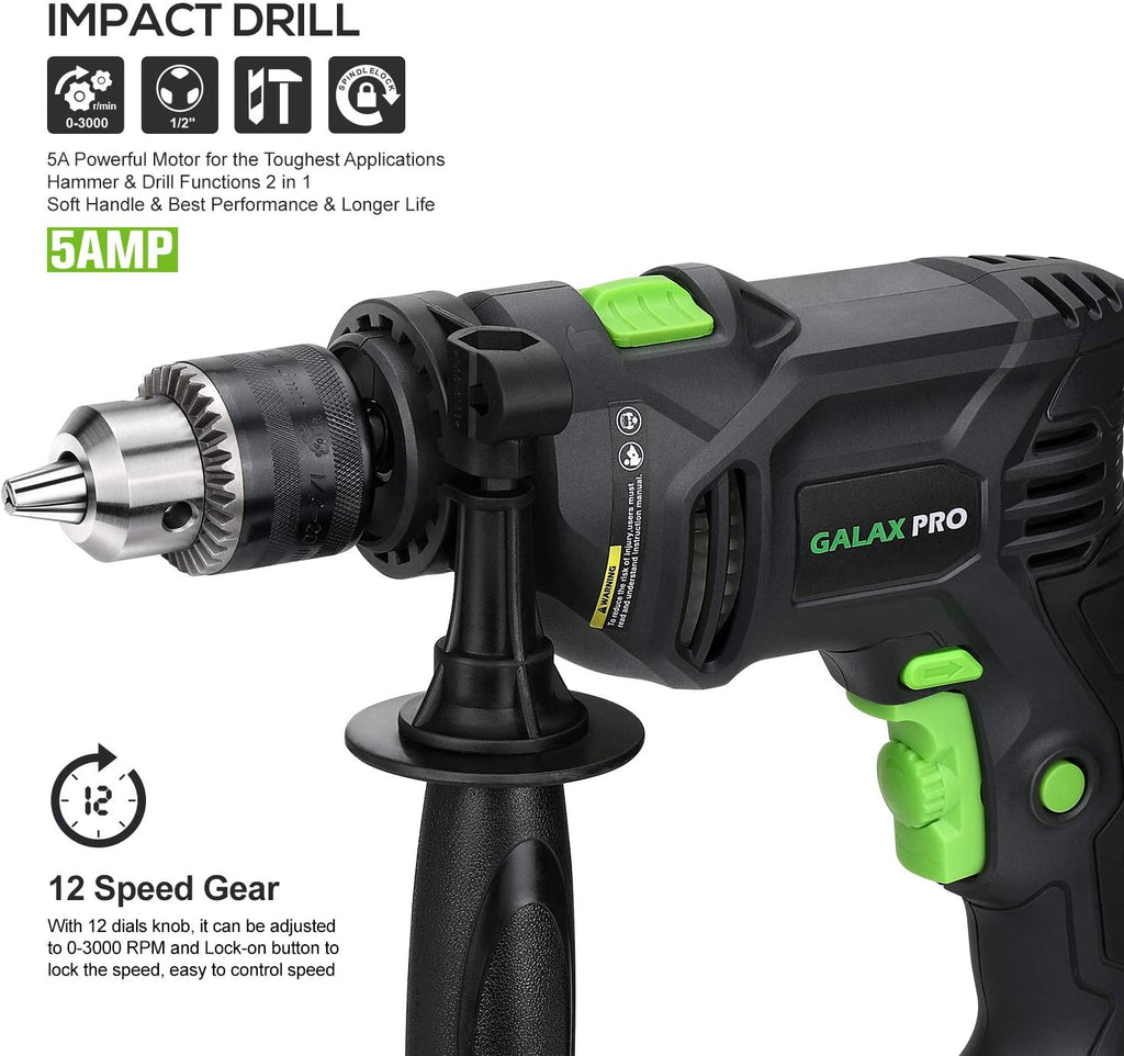 5Amp 1/2-inch Corded Impact Drill with 105pcs Accessories, Variable Speed 0-3000, Hammer and Drill 2 Functions in 1, 360°Rotating Handle, Depth Gauge, Carrying Case Included Pack of 2 V642930