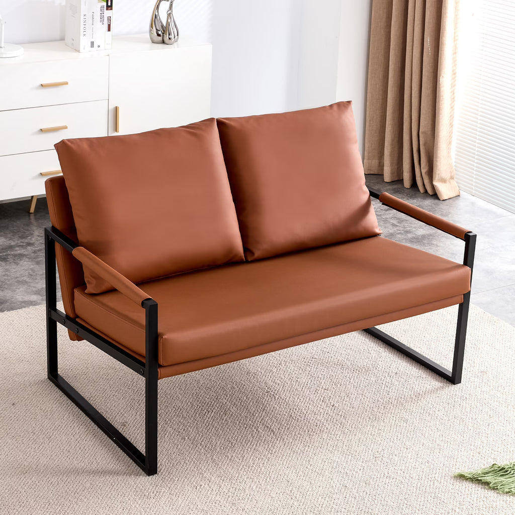 Brown PU Leather Two-Seater Sofa Chair with 2 Pillows Z846022