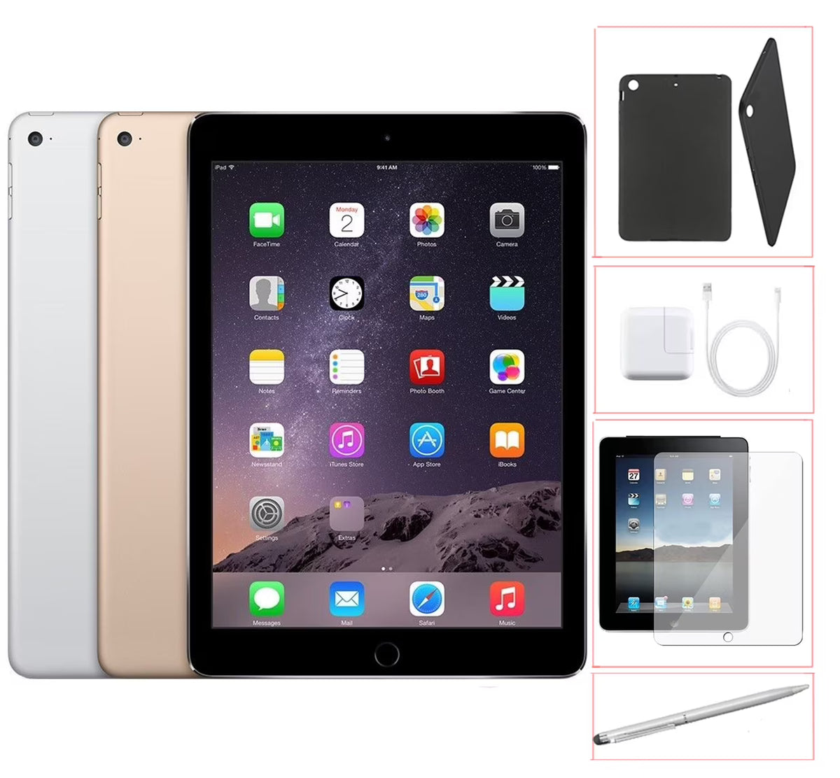 Apple iPad Air 2 64GB Silver WiFi + 4G Unlocked Bundle with Case, Charger, Tempered Glass & Stylus Pen C5642