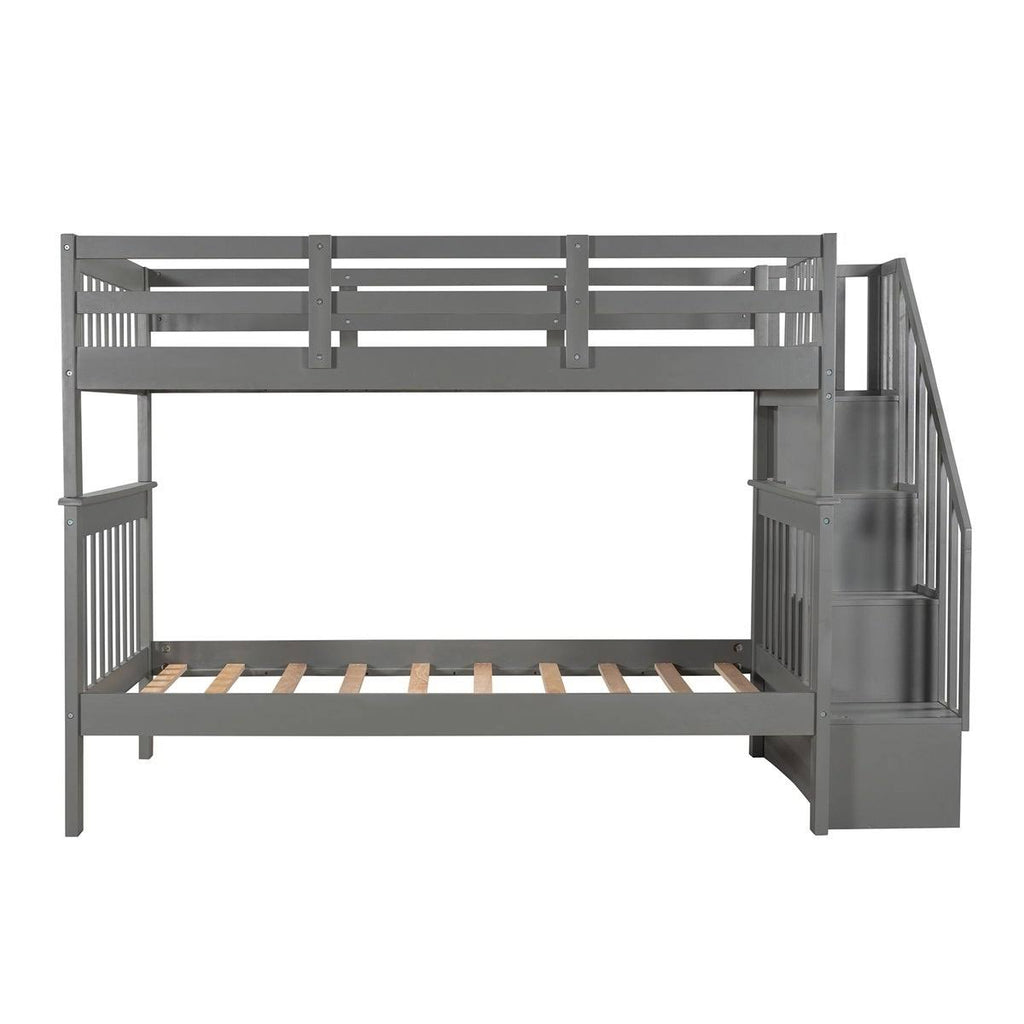 Twin-Over-Twin Bunk Bed with Stairway, Storage and Guard Rail - Grey D897