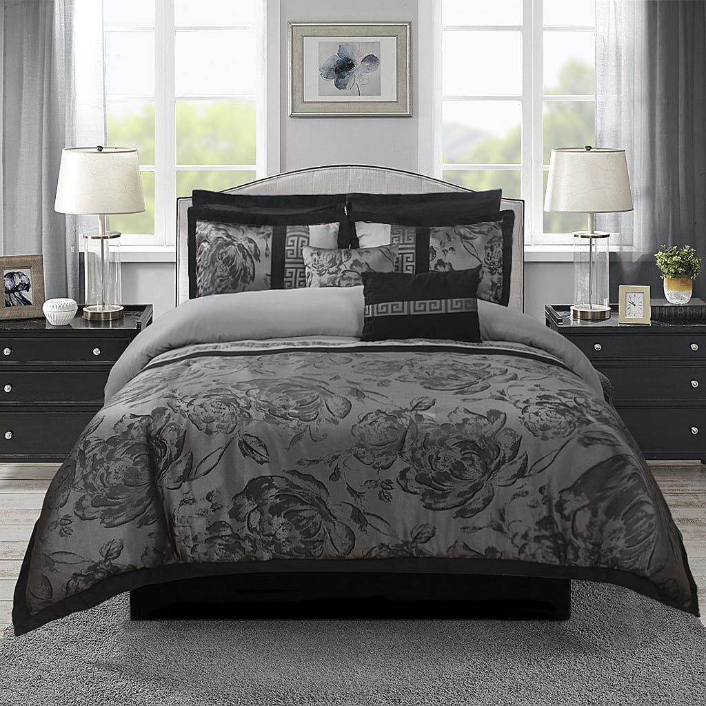 8 Piece Jacquard Fabric Patchwork Comforter Set Queen Size Gray U708