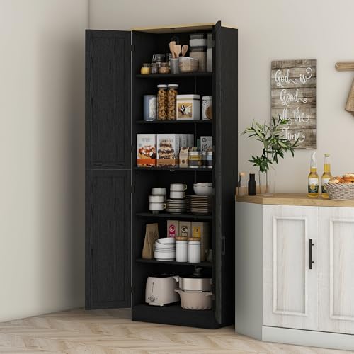 67" Distressed Black 4-Door Kitchen Pantry Cabinet Q23423