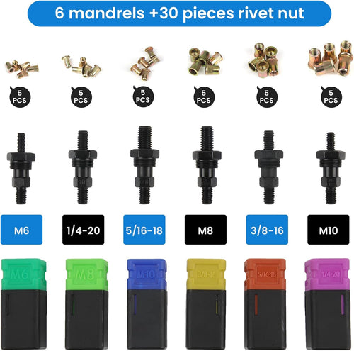 16" Rivet Nut Tool Kit with 6 Metric and SAE Mandrels, 30PCS Rivet Nuts P942