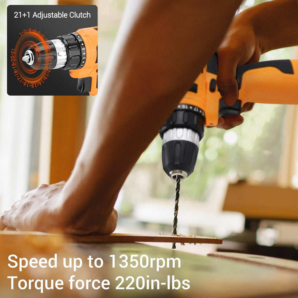 12V Cordless Brushless Ratchet Wrench & Drill, 3/8" 40Ft-lbs Torque 400 RPM, 21+1 Metal Drill, 2 Batteries Power Tool Set F11784