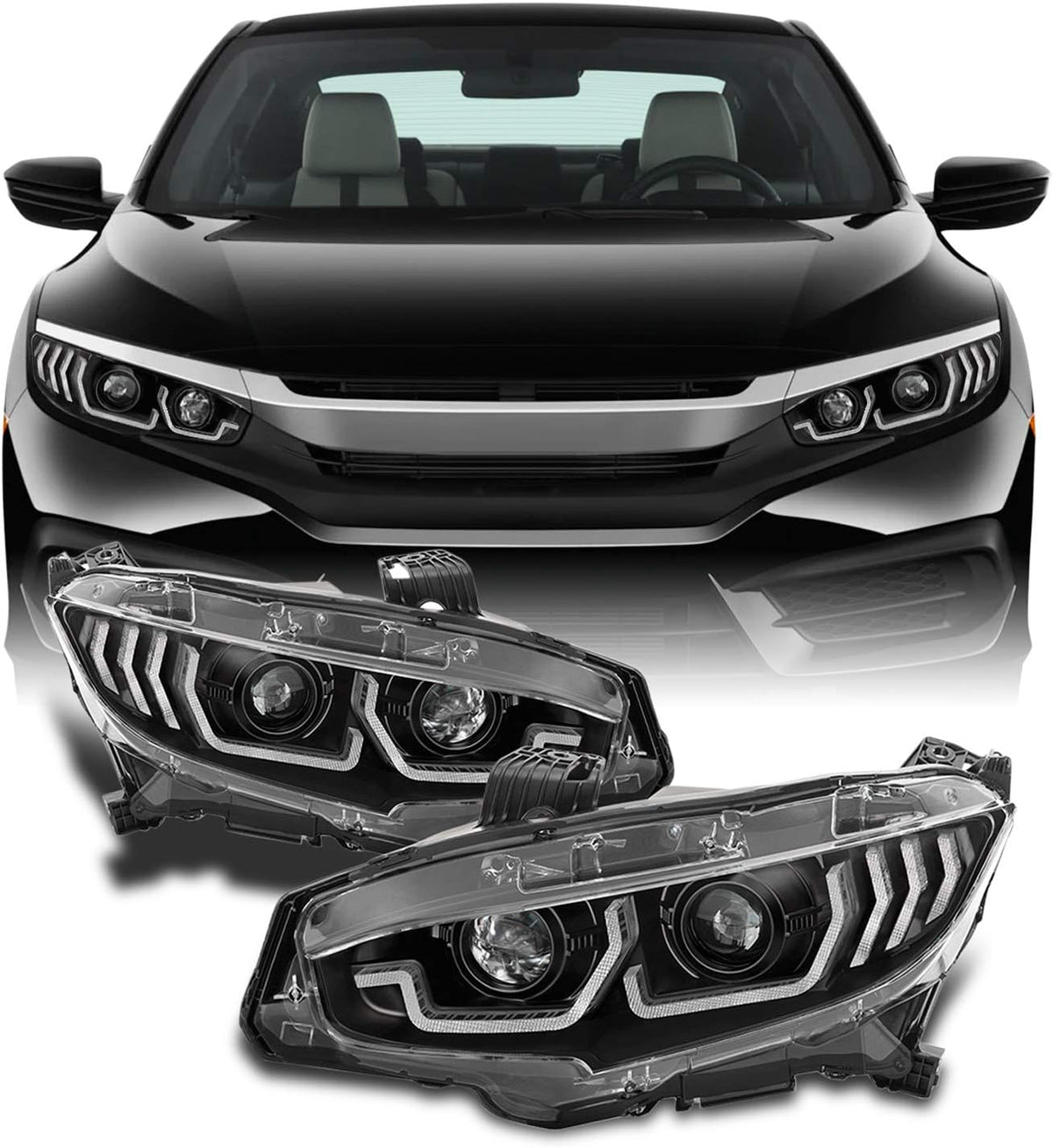 Black Sequential Side Signal Projector Headlights Pair D361019
