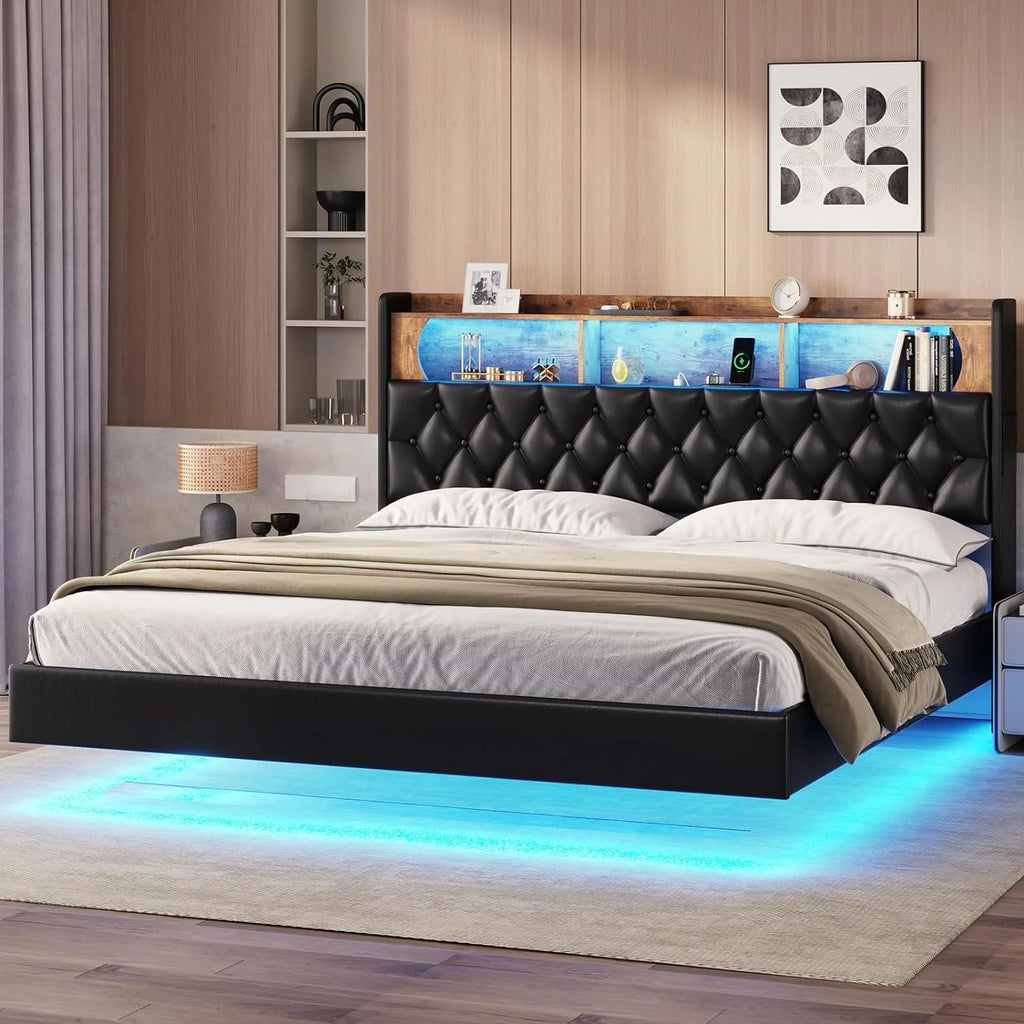 Queen Size Upholstered Platform Bed with LED Light Charging Station Storage Headboard Linen Fabric Dark Grey X45303
