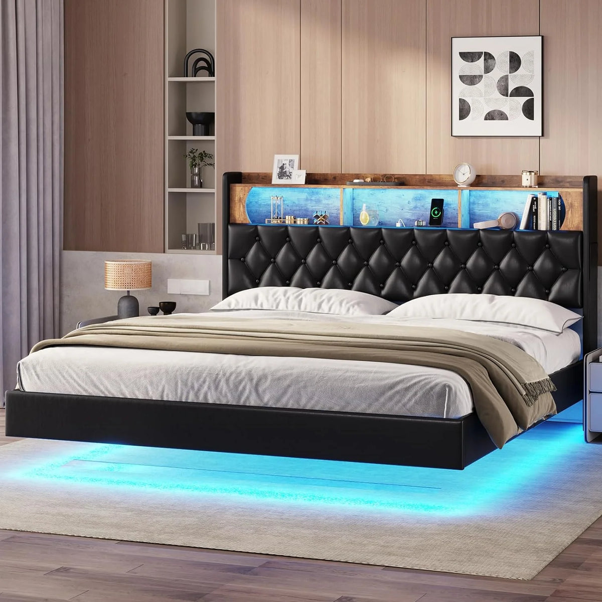 Queen Size Upholstered Platform Bed with LED Light Charging Station Storage Headboard Linen Fabric Dark Grey X45303