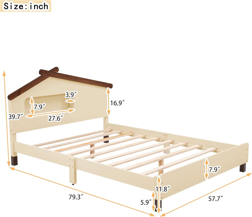 Full Size Wood Platform Bed Frame with House-Shaped Headboard and Night Lights U8011