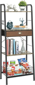 4 Tier Ladder Shelf with Drawer, Iron Frame Bookshelf B8273