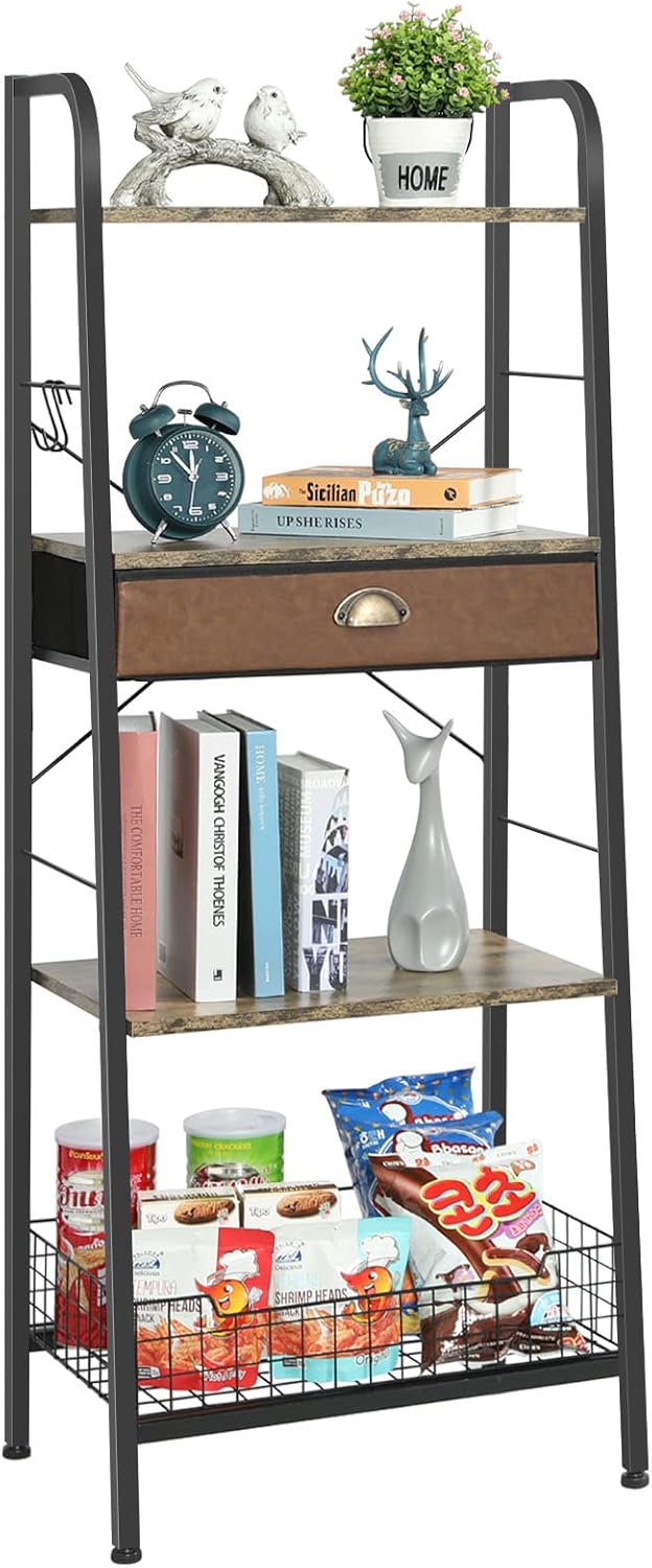 4 Tier Ladder Shelf with Drawer, Iron Frame Bookshelf B8273