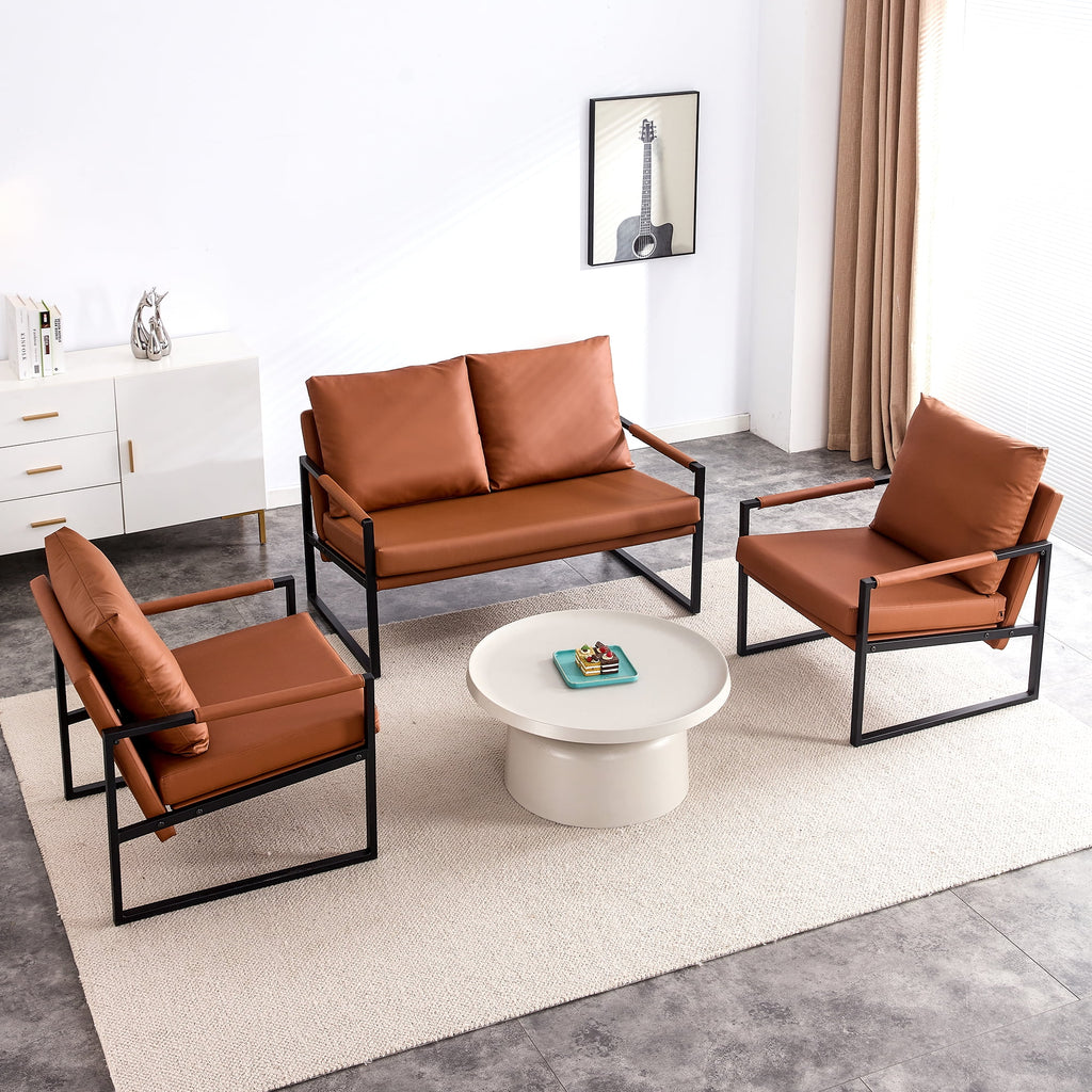Brown PU Leather Two-Seater Sofa Chair with 2 Pillows Z846022