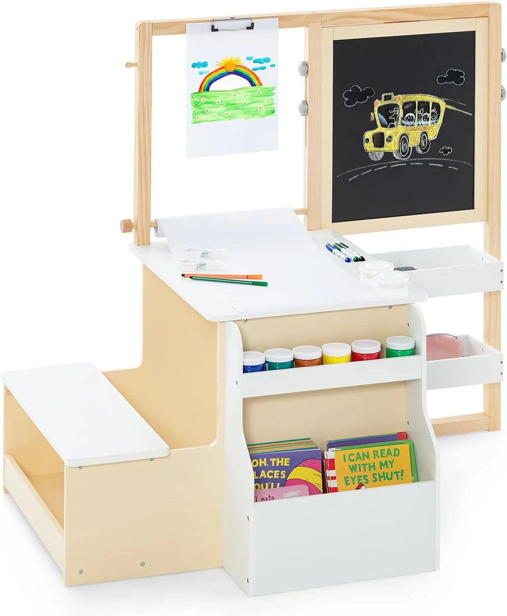Kids Art Table and Chair Set, 3 in 1 Wood Activity Desk with Easel S164165