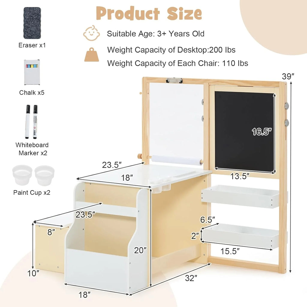 Kids Art Table and Chair Set, 3 in 1 Wood Activity Desk with Easel S164165