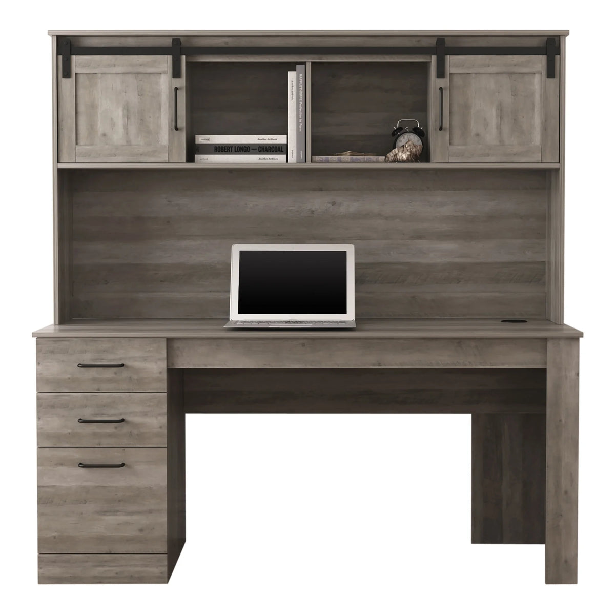 65"W Computer Desk With Hutch And Wireless Charging, Smoky Brown B802