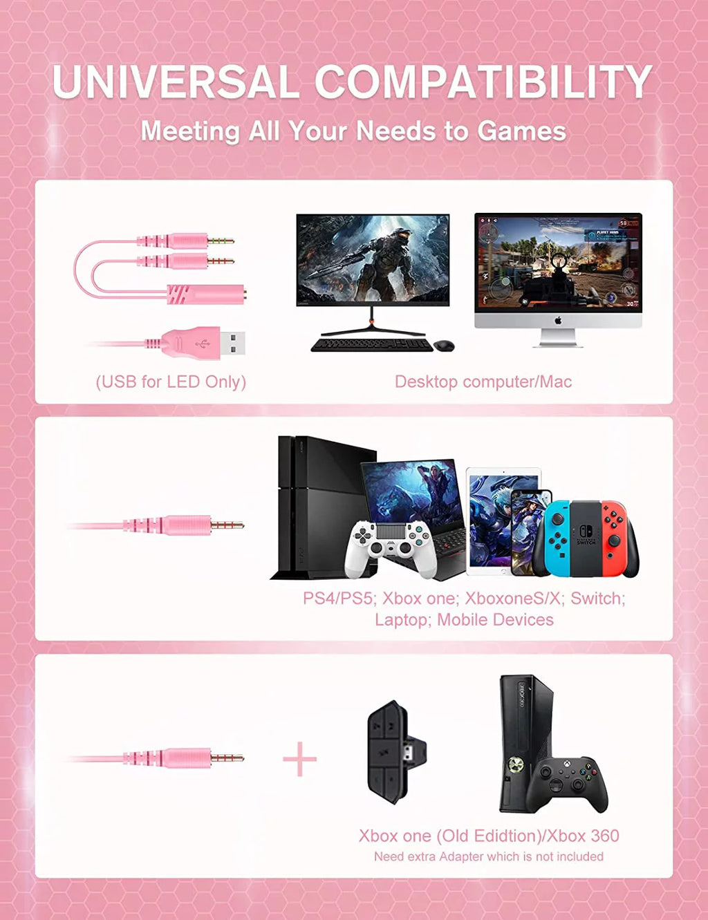 Pink Wired Over-Ear Gaming Headset with Noise Canceling Microphone D8731