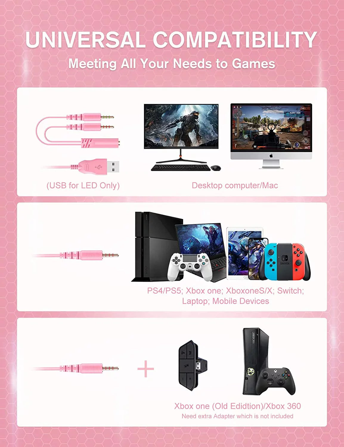 Pink Wired Over-Ear Gaming Headset with Noise Canceling Microphone D8731