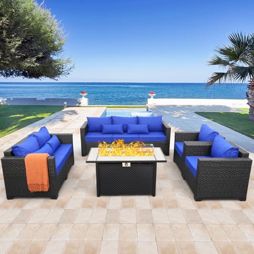 5 Pieces Patio Furniture Set with Coffee Table and Blue Cushions K780