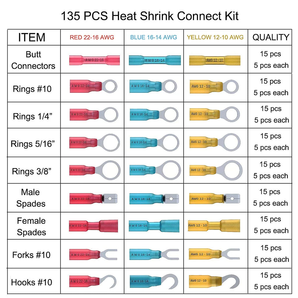 135 Pcs Insulated Waterproof Heat Shrink Wire Connectors Kit X9478
