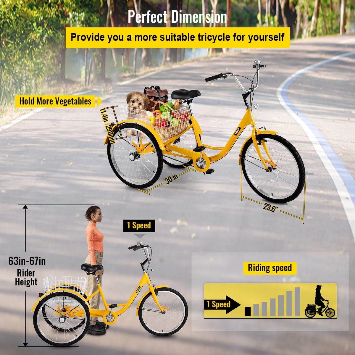 24 inch 1-Speed Yellow Adult Tricycle with Cargo Basket K385224