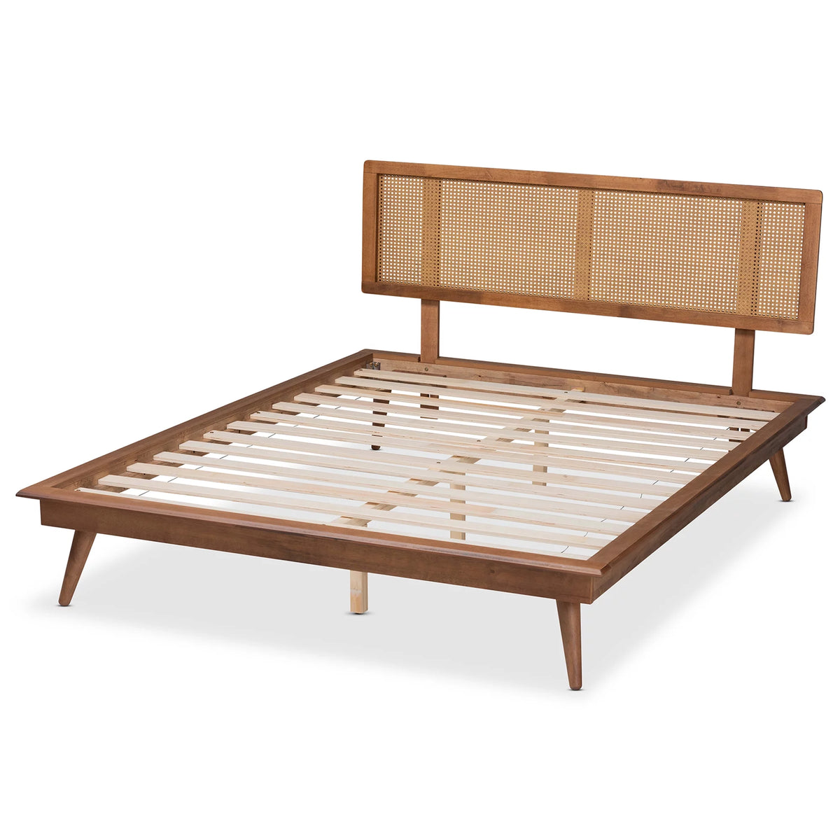 Walnut Brown Wood and Synthetic Rattan Queen Size Platform Bed Q19638