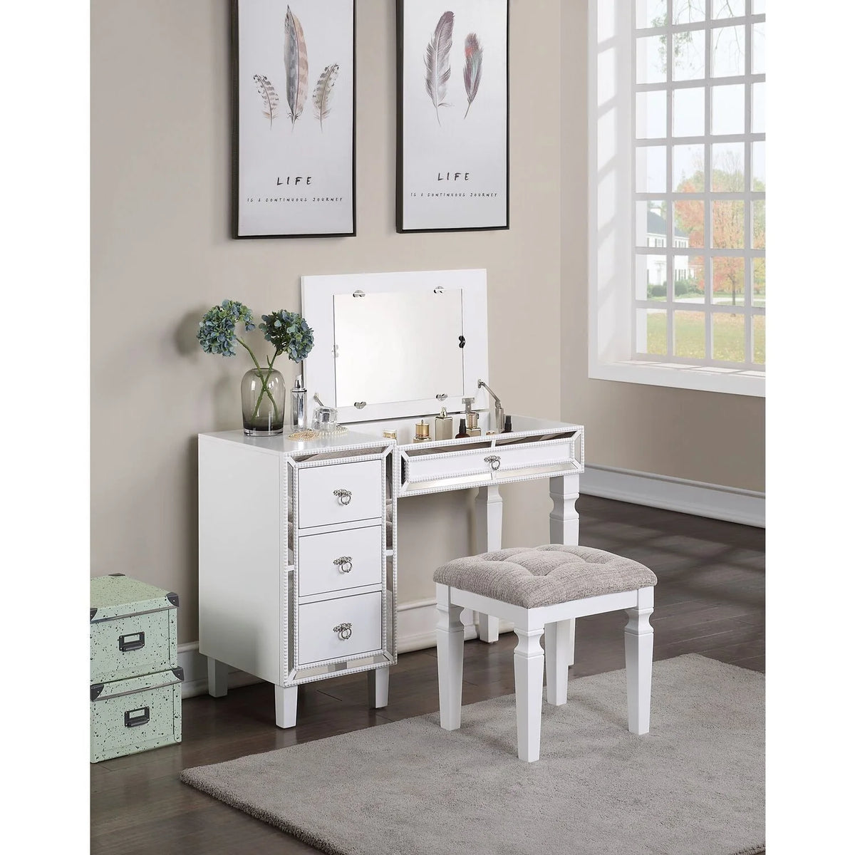 White Wooden Makeup Vanity Set with Lift-up Mirror and Stool W138410