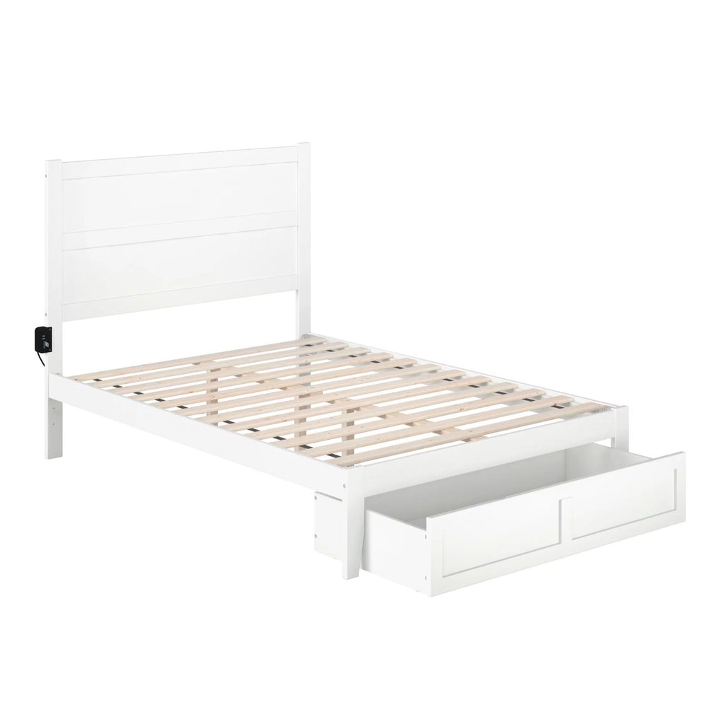 White Wood Full Bed with Foot Drawer F3371