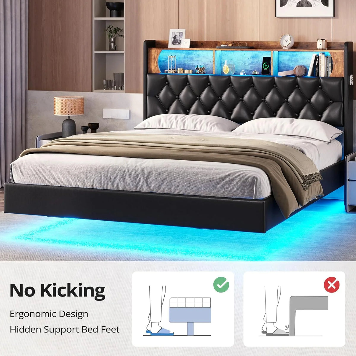 Queen Size Upholstered Platform Bed with LED Light Charging Station Storage Headboard Linen Fabric Dark Grey X45303
