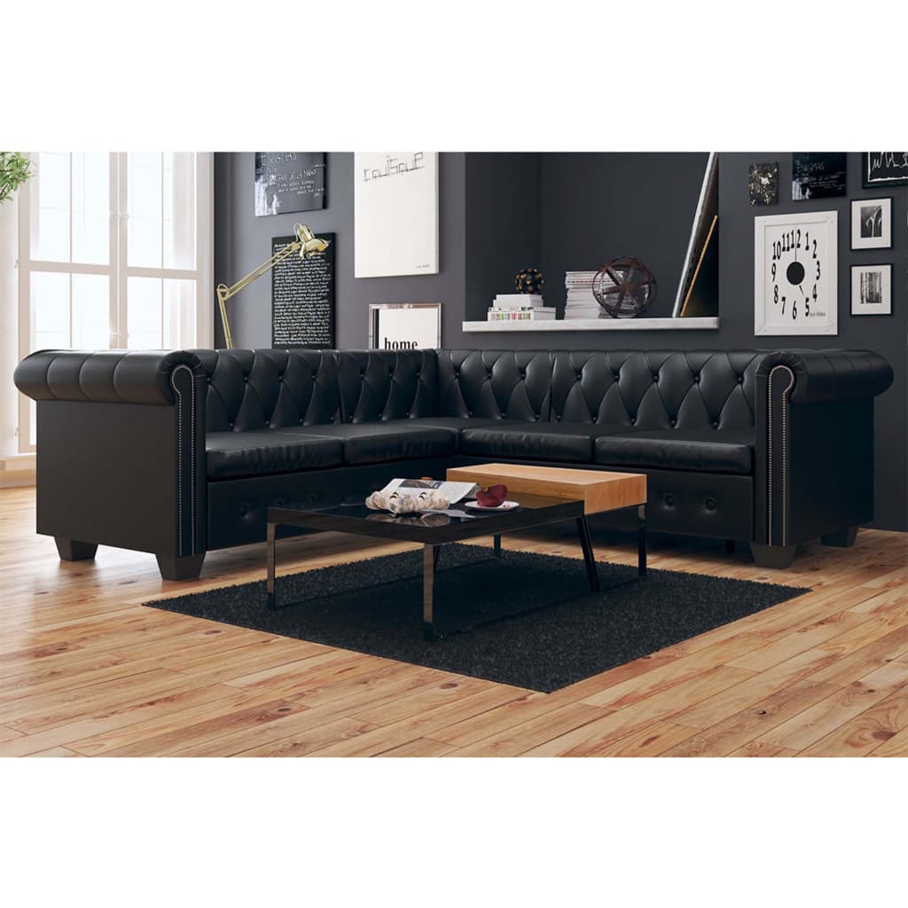Chesterfield Corner Sofa 5-Seater Black Faux Leather V1288