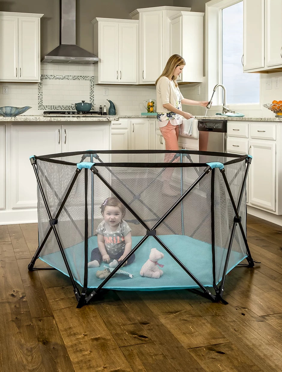Portable Play Yard, Washable, Aqua, 6-Panel L150679