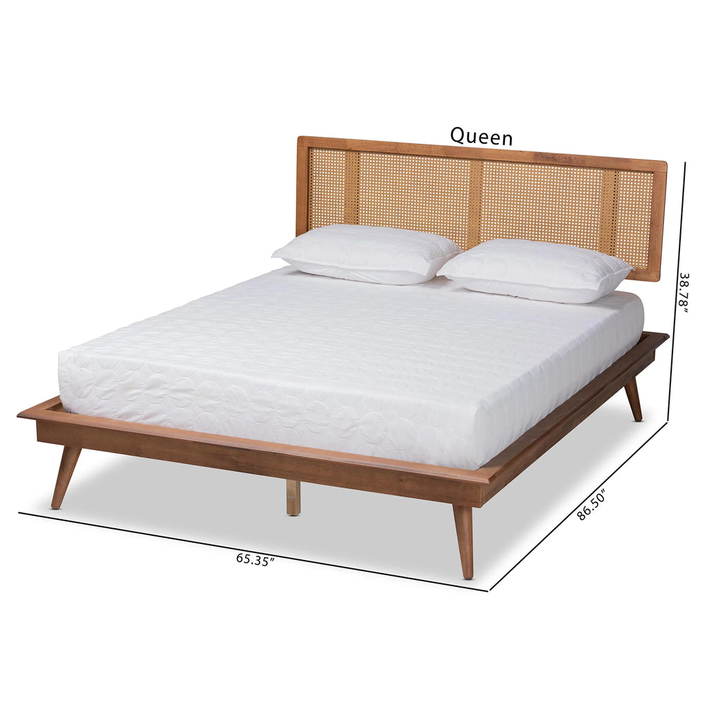 Walnut Brown Wood and Synthetic Rattan Queen Size Platform Bed Q19638