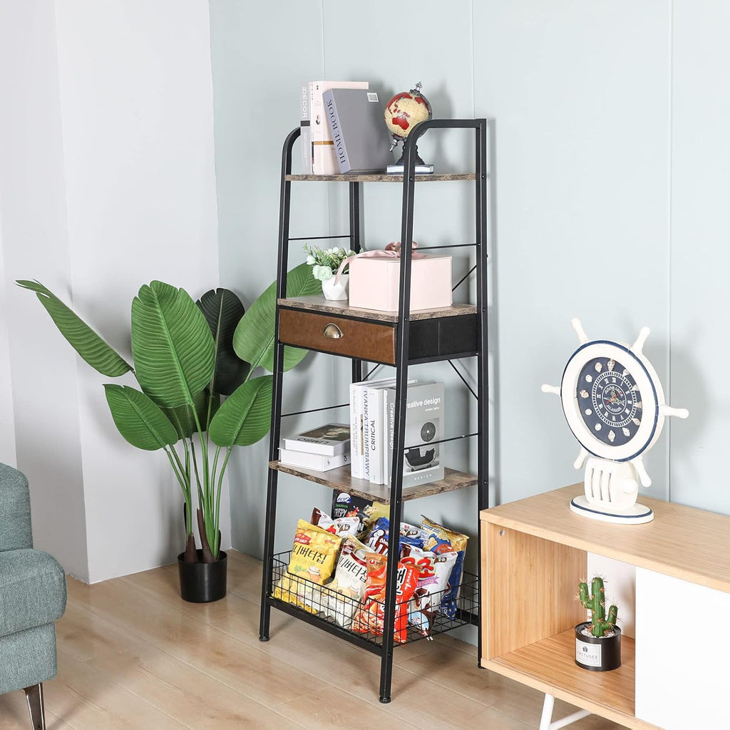4 Tier Ladder Shelf with Drawer, Iron Frame Bookshelf B8273