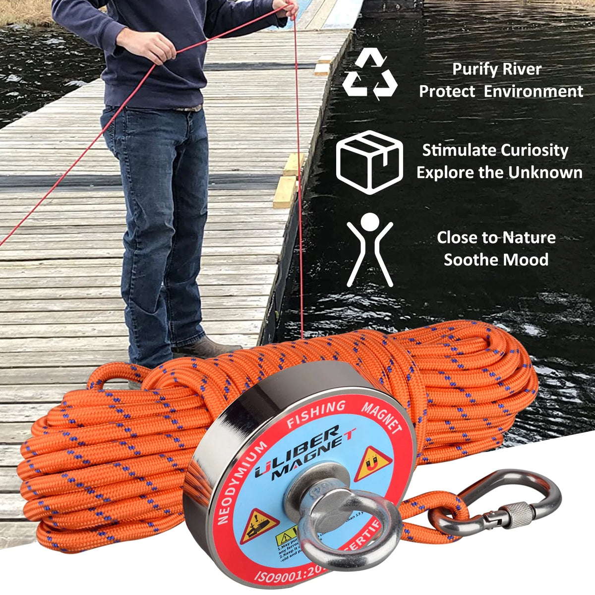 Magnet Fishing Kit 1200LB Dia.3.81in Neodymium Magnet N52 with 20 Meters Rope C1960