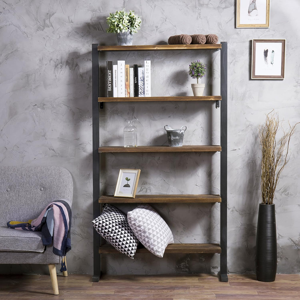 5-Shelf Industrial Metal and Solid Pine Wood Bookcase Dark Brown V6298
