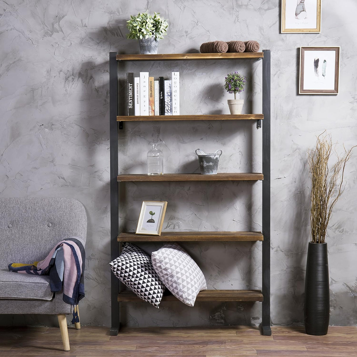 5-Shelf Industrial Metal and Solid Pine Wood Bookcase Dark Brown V6298