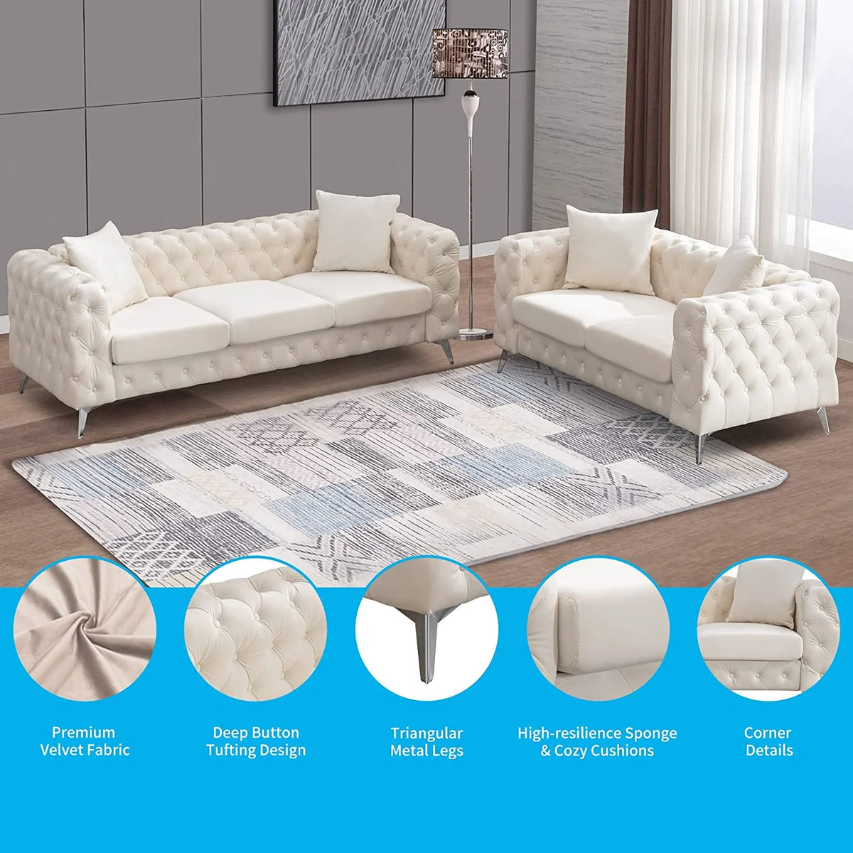Beige 2 Pieces Sofa Set with Tufted Cushion M27655