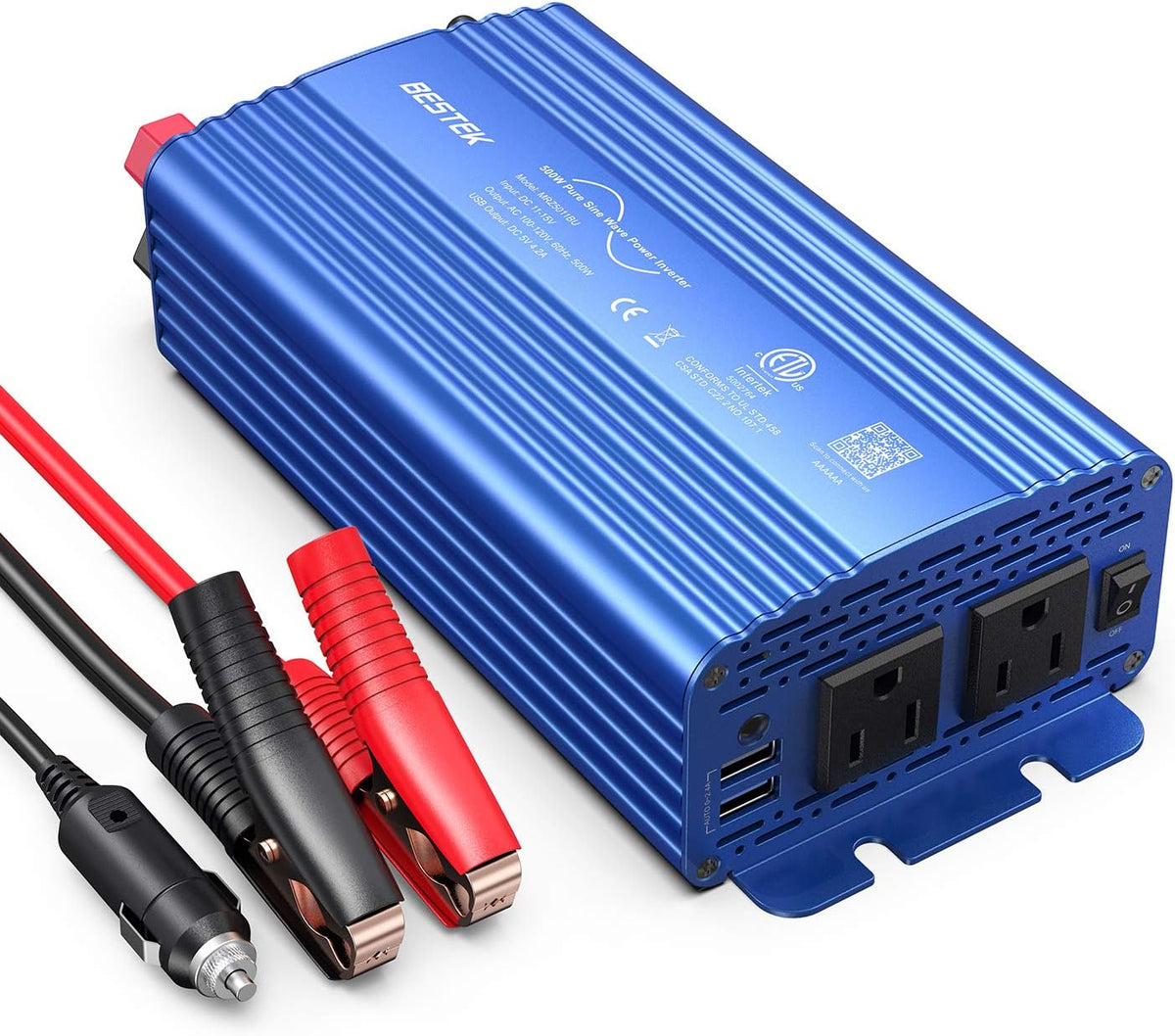 500W Pure Sine Wave Power Inverter DC 12V to 110V AC with Dual USB Charging Ports and 2 AC Outlets, Grey, Pack of 2 T5252