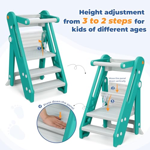 Foldable Adjustable Toddler Kitchen Stool with Handles Non-Slip Blue Grey M8891