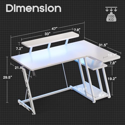 Black 55 Inch L Shaped Gaming Desk with LED Lights I911